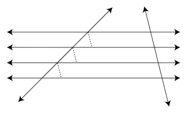 Dört Sonsuz Paralel Çizgi, farklı açı ve noktalarda iki sonsuz doğru tarafından kesilir. Klasik çizgi çizimi veya gravür çizimi.