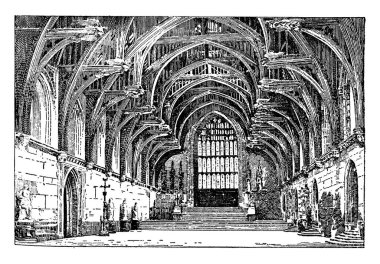 Londra 'da tarihi bir bina olan Westminster Hall' un içi, klasik çizim ya da gravür..