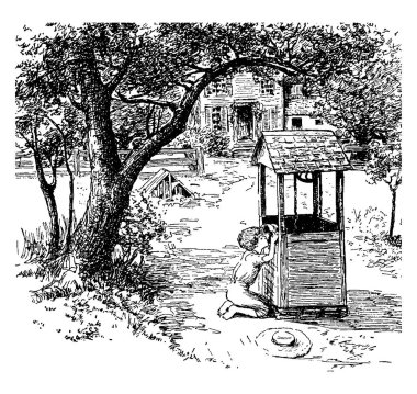 Diz çöküp bir kovanın içine bakan tipik bir çocuk tasviri. Şapkasını yere koydu, ona yakın, klasik çizim ya da gravür çizimi.