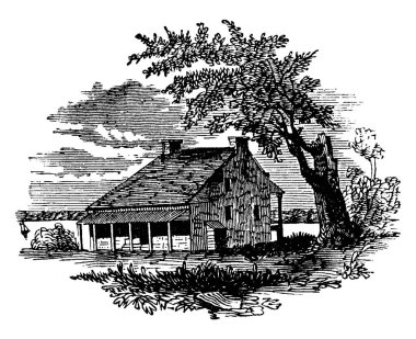 Kaptan Christopher Billop Evi, ağaçlar ve bitkilerle çevrili, 1680 'den önce inşa edildi ve Staten Island' ın New York eyaletinin en güney ucunda, eski model çizim ya da gravür çizim.