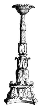 Bu bir şamdanın resmi, eskilerin lambalarını koydukları bir tezgah ya da destektir. Candelabra çeşitli şekillerde yapılmıştır ve çok zevkli ve zariftir, klasik çizim ya da oyma, klasik illüstrasyon.