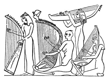 İlkel görünümlü enstrüman, sanatçının omzunda doğarak yatay olarak çalındı. Onlarla Ramses II döneminin fresklerindeki büyük dikey arplar arasında klasik çizimler ya da gravür çizimleri var..