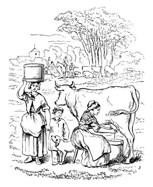 Kafasında konteynır olan bir kadın, küçük bir çocuğun elini tutuyor, ve her ikisi de çiftlikte inek sağan bir kadına bakıyor, klasik çizim ya da gravür..