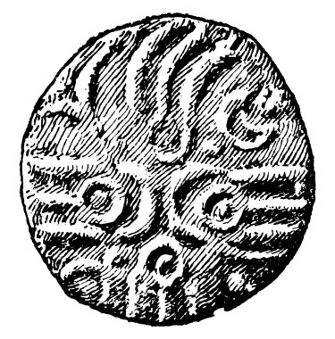 Milattan önce Galya Savaşı 'nda Roma işgali sırasında bir İngiliz sikkesinin ön yüzü. 54 numara. Galya savaşları, Roma prokonsülü Julius Caesar 'ın Galya kabilelerine karşı yürüttüğü bir dizi askeri seferdir.