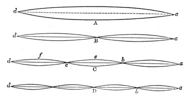 2, 3, 4, 5 düğümlü dalgaları gösteren şekil. Dalgalar maddenin taşınması, vintage çizimler veya kabartmalar olmadan enerji taşımayı içerir..