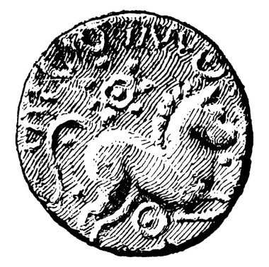 Milattan önce Galya Savaşı 'ndaki Roma işgali sırasında bir İngiliz sikkesinin arkası. 54 numara. Galya savaşları, Roma prokonsülü Julius Caesar 'ın Galya kabilelerine karşı yürüttüğü bir dizi askeri seferdir.