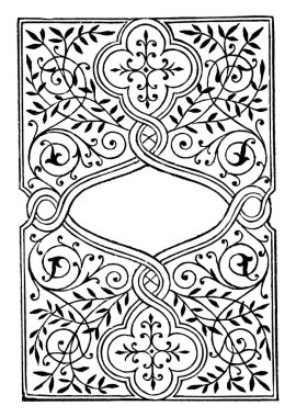 Grolier tarzında bir kitap kapağı için bir tasarımın geometrik çerçevesini çevreleyen ve birleştiren kıvrımlı çizgiler, klasik çizgi çizimi veya gravür çizimi.