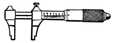 Mikrometre kalibre içinde, hassas ölçümler yapmak için bir kalibre ince başlıklı vida ile hareket bir Milli; mezuniyet ölçekli, vintage çizgi çizim veya resimleme ile 
