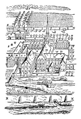 Citeaux 'nun kuş bakışı manzarası, bazıları Cross, Gate-house, Almonry, Chapel, Inner Gate-house, Stable, lay kardeşlerin yurdu, Abbot' s House, vintage çizim ya da resimleme..