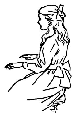 Taburede oturan ve masanın üzerinde dinlenen bir el, klasik çizim ya da gravür..