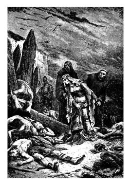 Bir savaş sahnesi, birini arayan bir kadın, klasik çizim ya da gravür çizimi.