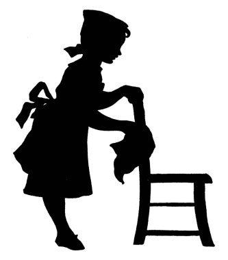 Kız iskemleyi kumaş, klasik çizim ya da gravür kullanarak temizliyor..