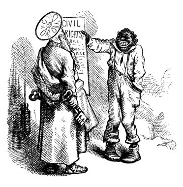 Siyah adamın karikatürü, Vatandaşlık Hakları Yasası 1875 'i elinde büyük bir anahtar, klasik çizim ya da gravür illüstrasyonuyla yaşlı bir adama gösteriyor..