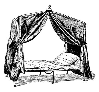 Napolyon 'un evden uzaktayken kamplarda kullandığı yatak, klasik çizim ya da gravür..