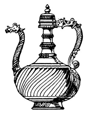 Bu, Arap Boru Ağzı Pot Dökümcüsünün metalden yapılmış orta yaş tasarımı. Dar bir boynu, klasik bir çizimi ya da kabartması var..