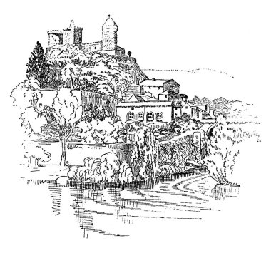 Cathars 'ın merkezi olan şato, Fransa' nın Foix kasabası, klasik çizim ya da gravür çizimi.