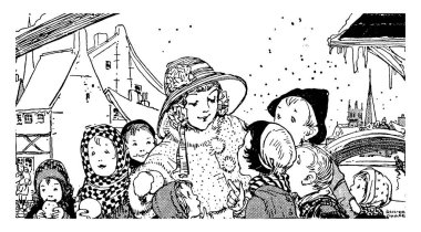 Çok az çocuk kış mevsimi nedeniyle sokaklarda dikilip kafalarına eşarp takıyor, eğleniyor ve resim çiziyor..