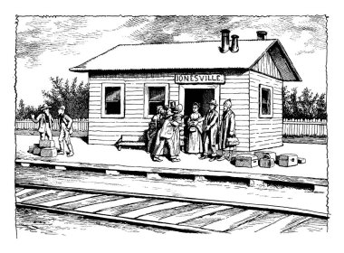 Sketch showing older days Jonesville train station, vintage line drawing or engraving illustration. clipart
