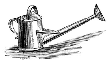 Davul şeklindeki konteynırın iki tutacağı ve uzun hortumu bitkileri sulamak için kullanıldı. Klasik çizim veya kabartma çizimi..