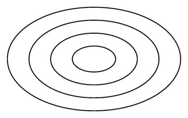 İki boyutlu dört eşmerkezli bir eğri ve açıkça eliptik, klasik çizgi çizimi ya da oyma çizimi..