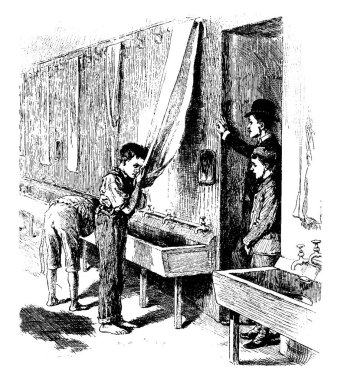 Yatmadan önce yıkanan iki çocuk ve onları izleyen iki çocuk, klasik çizim ya da gravür. 