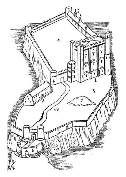 Normanský Hrad Starodávná Kresba Nebo Rytina Ilustrace — Stockový vektor