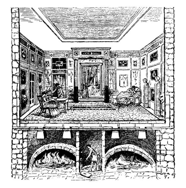 地下室で中世のストーブの典型的な表現といくつかの若い女性は 建物内でいくつかの仕事をして ヴィンテージラインの図面や彫刻イラスト — ストックベクタ