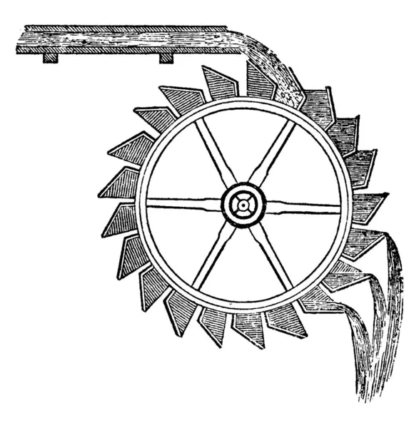 オーバーショットホイールは 水の少ない量で最大の電力を与えるので 主に状況が許可されるとき またはかなりの秋がある場合に使用され 限られた量の水 ヴィンテージライン図面や彫刻イラスト — ストックベクタ