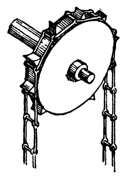 轮毂一种与链子啮合的带齿孔的轮毂或链轮 其径向突出物与穿过其表面的链子接合自行车中用于传递两轴之间的旋转运动 老式线条绘图或雕刻插图 — 图库矢量图片