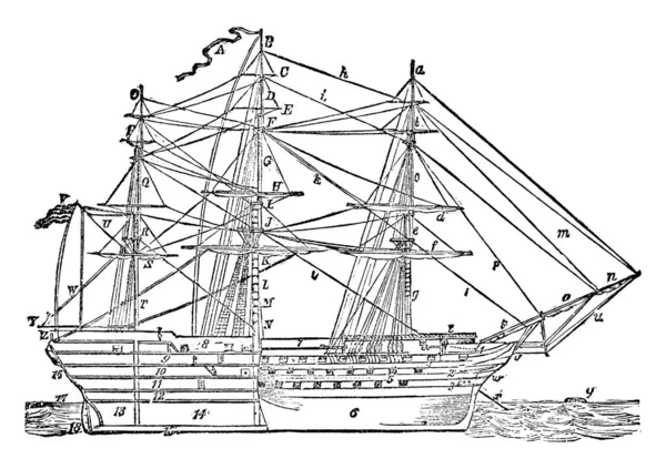 Bir Gemi Suda Çalışır Klasik Çizim Gravür Çizimi — Stok Vektör
