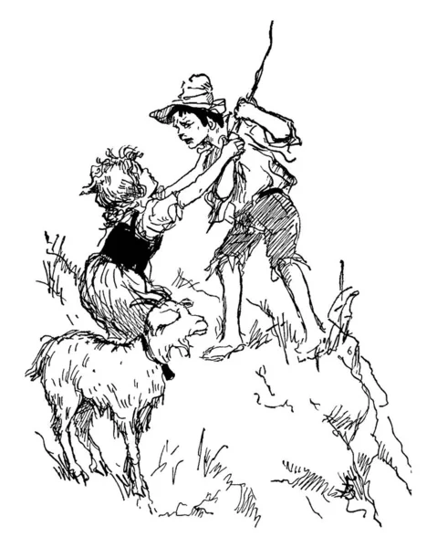 这幅画描绘了海蒂和彼得 其中海蒂试图防止彼得伤害山羊 古董线条或雕刻插图 — 图库矢量图片