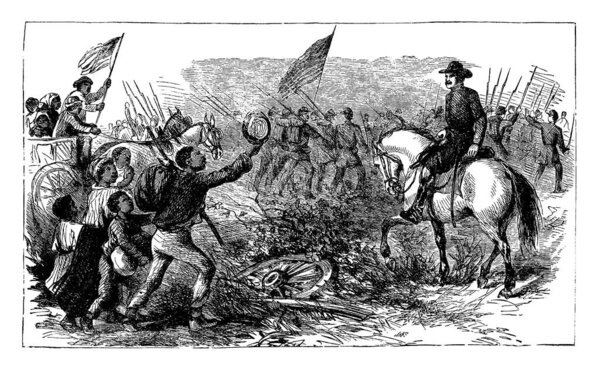 На рисунке изображены рабы, убегающие и стремящиеся получить свободу, рисунок винтажной линии или гравировка.