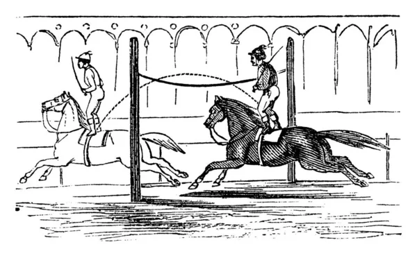 Exemplo Inércia Homem Montando Cavalo Velocidade Máxima Pulando Sobre Uma — Vetor de Stock