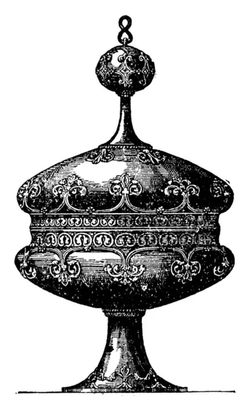古代ギリシャとローマで 金属製の大きなカバーカップを持つ飲料容器は ホスト ヴィンテージライン図面や彫刻イラストを保持するように設計されています — ストックベクタ