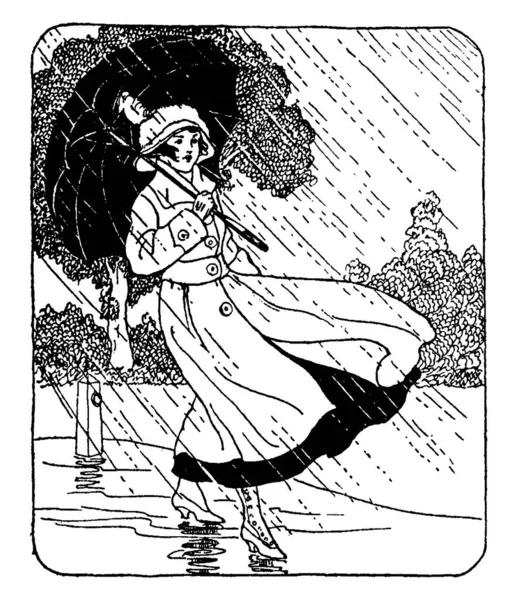 Şiddetli Rüzgarda Yürüyen Bir Kadını Yağmurdan Korunmak Için Şemsiye Tutan — Stok Vektör