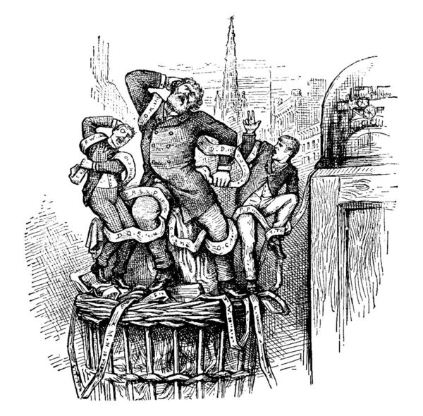 Three men standing on a wooden support trying to get rid of the ribbon tied to their body, vintage line drawing or engraving illustration.