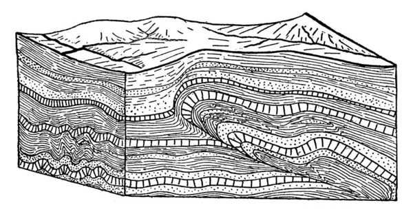 スラスト断層は 特に薄皮の変形に関係するものは いわゆるランプフラット形状 ヴィンテージライン図面や彫刻イラストを持っています — ストックベクタ