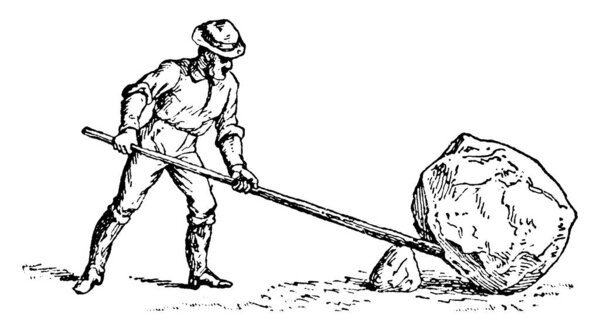 Man holding lever trying to lift heavy rock by means of fulcrum, fulcrum is a pivot point around which a lever turns, vintage line drawing or engraving illustration.