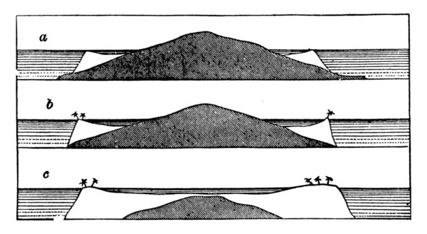 Bildung Von Korallenriesen Nach Darwin Vintage Linienzeichnung Oder Gravierillustration — Stockvektor