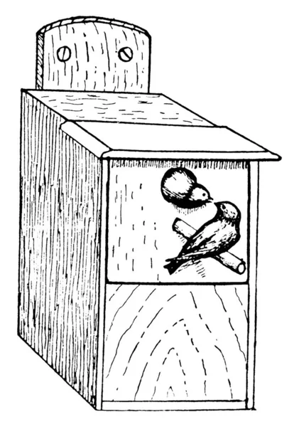 スライドフロント ヴィンテージライン図面や彫刻イラストを持つ鳥の家 — ストックベクタ