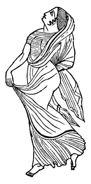 彼女の右の手と彼女の左の手で彼女の衣装を上に見て 背面に折り畳まれた彼女のかかとの一つとギリシャの女性の典型的な表現 ヴィンテージラインの絵や彫刻イラスト — ストックベクタ