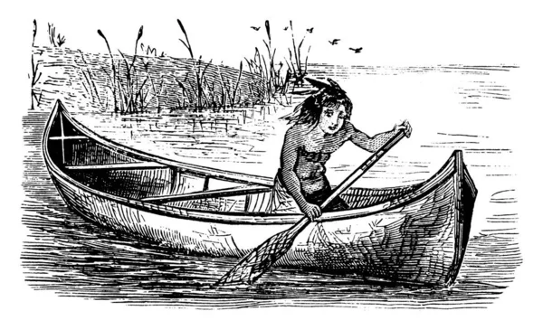 Immagine Raffigura Nativo Americano Una Canoa Betulla Vaso Stretto Leggero — Vettoriale Stock