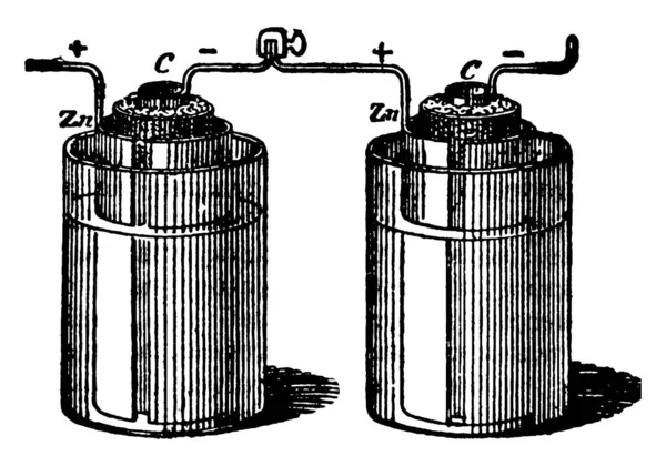 Duas Células Galvânicas Conectadas Série Com Conector Desenho Linha Vintage —  Vetores de Stock