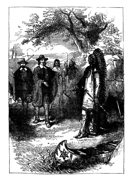 필그림과 아메리카 원주민의 순례자들은 종교의 자유를 추구하는 100여 사람들로 1620 — 스톡 벡터