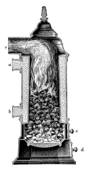 图为用于加热中小型住宅 老式线条绘图或雕刻插图的立柱锅炉的垂直截面 — 图库矢量图片