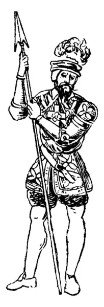 Voják Stojící Šípem Ruce Oblečený Vojenském Kostýmu Nošený Doby Jindřicha — Stockový vektor