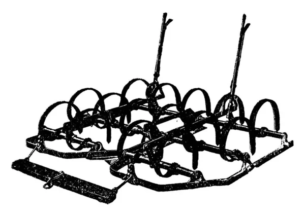 在框架上附有弹簧牙的鱼叉 用于粉碎土壤 绘制古埃及线条或雕刻插图 — 图库矢量图片