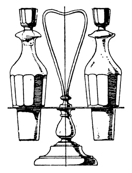 Две Стеклянные Бутылки Серебряными Креплениями Этом Наборе Крышки Держали Масло — стоковый вектор