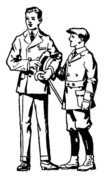 Szkic Pokazujący Dwóch Rycerskich Grzecznych Chłopców Elegancko Ubranych Stojących Obok — Wektor stockowy