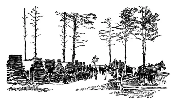 冬季以树木 动物和房屋为代表的联邦骑兵军营地的典型代表 古老的线条画或雕刻插图 — 图库矢量图片